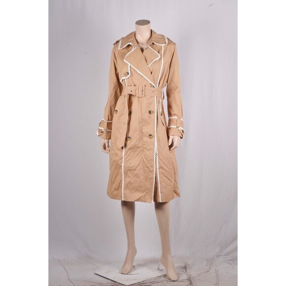 NWT 7 For All Mankind Belted Trech Coat SZ L Tan White Crochet trim Lined - Picture 4 of 5